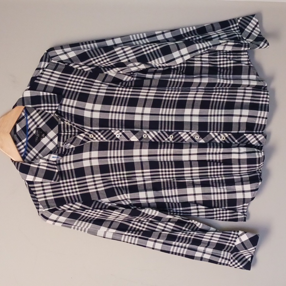 Talbots Button Down Navy/White Plaid Top Size Large Petite